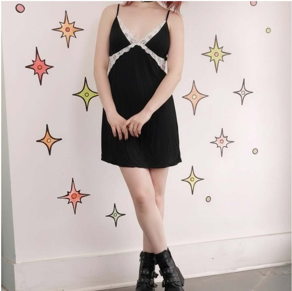 Y2K Black White Lace Soft Slip Dress Side Slit Mini Camisole Soft Goth Grunge S